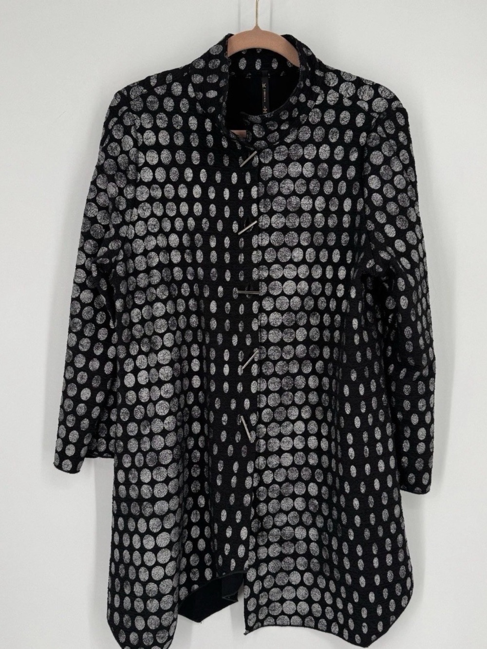 IC By Connie K classic coat with black and Silver Dot Pattern